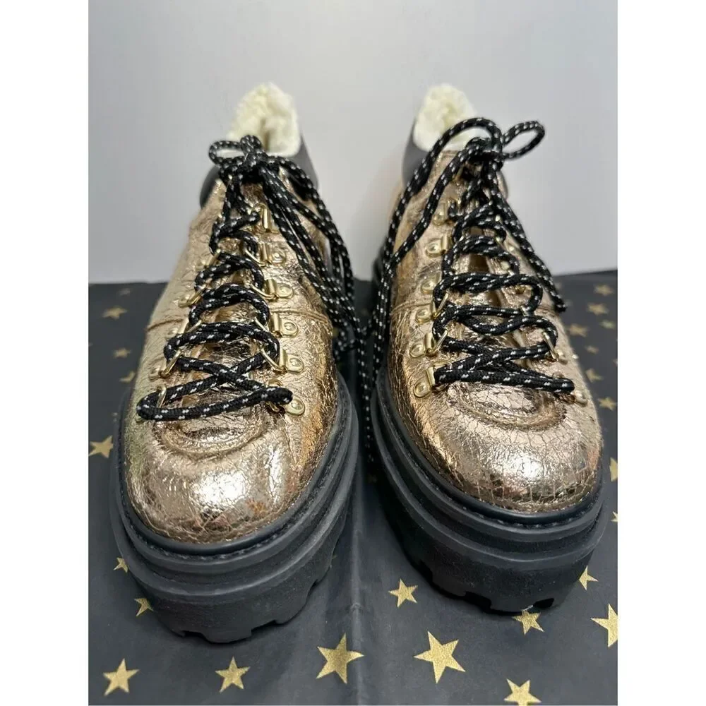 SCHUTZ Shoes Womens Size 5B Boots Shearling Lace Up Hiker Booties Gold‎ Leather